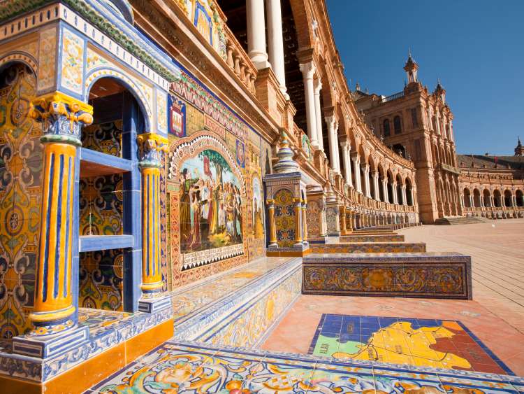 The magnificent Plaza De Espana in Maria Louisa Park in Seville. Built in 1928 for the 1929 Ibero-American Exposition, it is the best example in Spain of Spanish Renaissance Revival architecture.