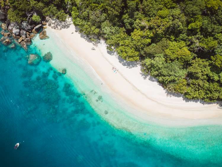 Aerial drone views of Nudey beach on Fitzroy island near Cairns in Queensland, Australia