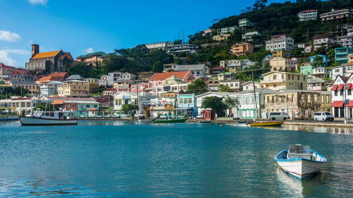Cathedral of the Immaculate Conception (on the left), from the water, St George's Grenada