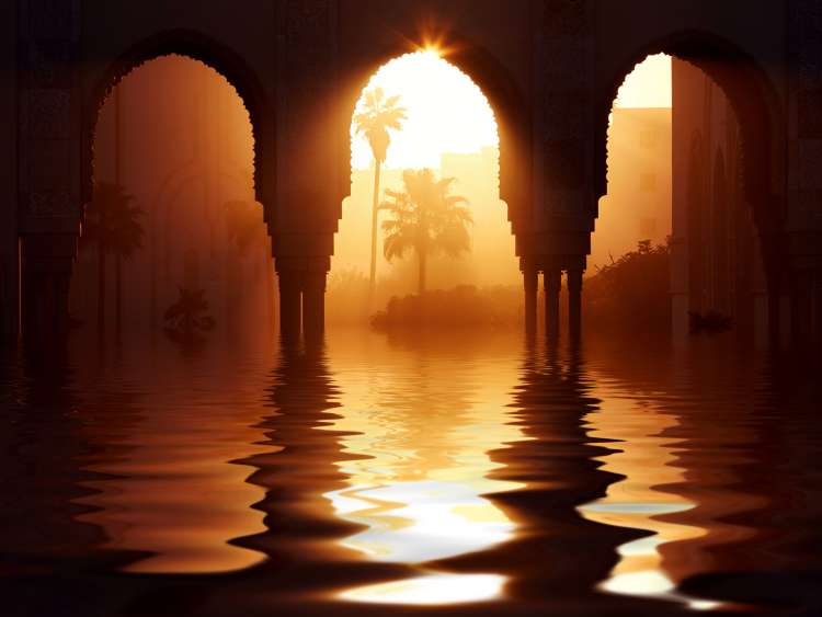 Great mosque of Hassan 2 at sunset in Casablanca, Morocco. Beautiful Arches of the Arab mosque in the sunset, sunlight rays; Shutterstock ID 2086634782; project: Adobe; job: ; client: ; other: 