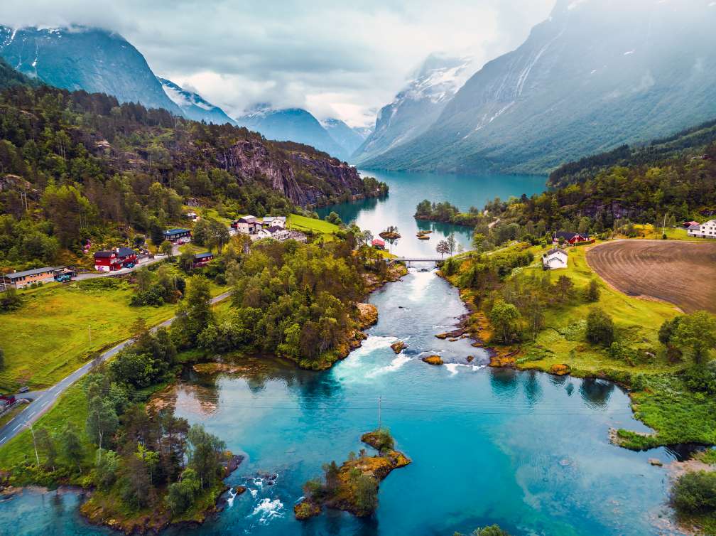 Beautiful Nature Norway natural landscape aerial photography. lovatnet lake.