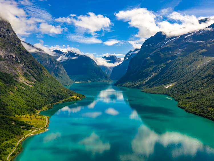 Beautiful Nature Norway natural landscape. lovatnet lake Lodal valley.