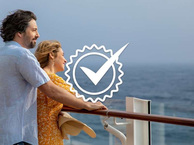 Big tick with the background of people enjoying the deck on board P&O Cruises ships