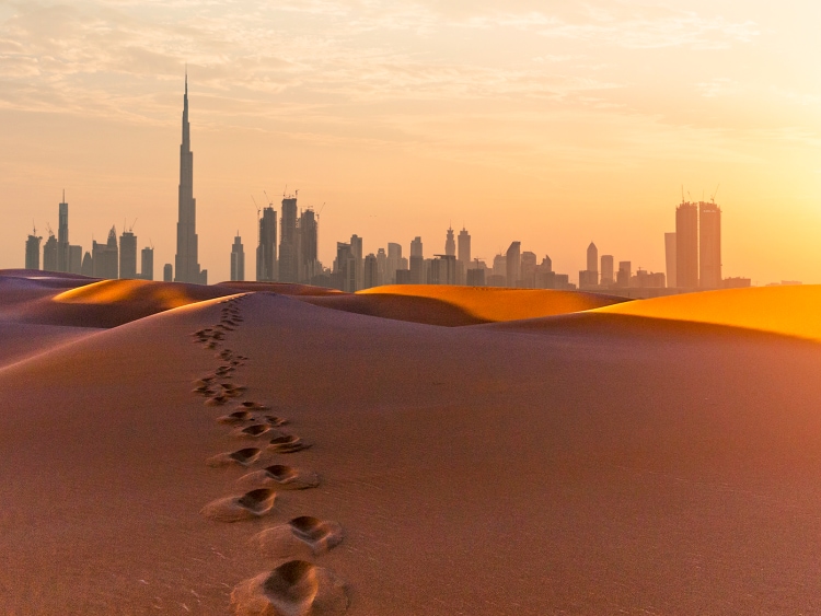 View of Dubai skyline from the desert