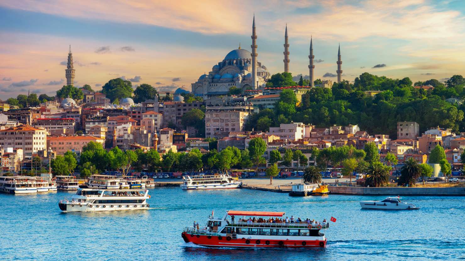 Touristic sightseeing ships in istanbul city, Turkey.