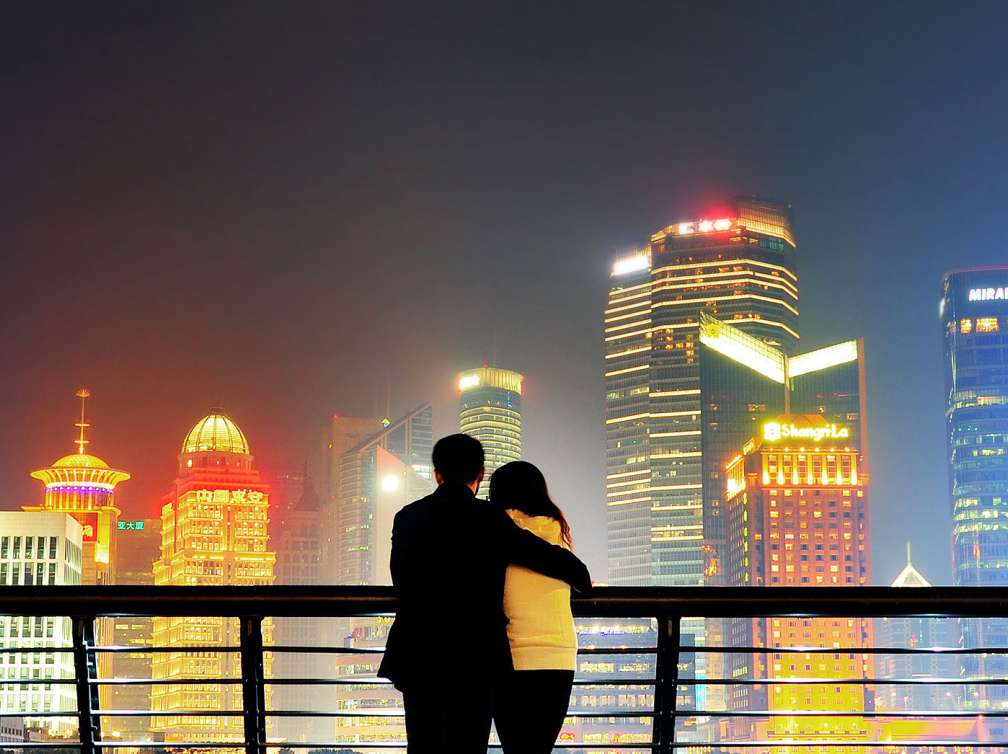 Buildings lit up at night 