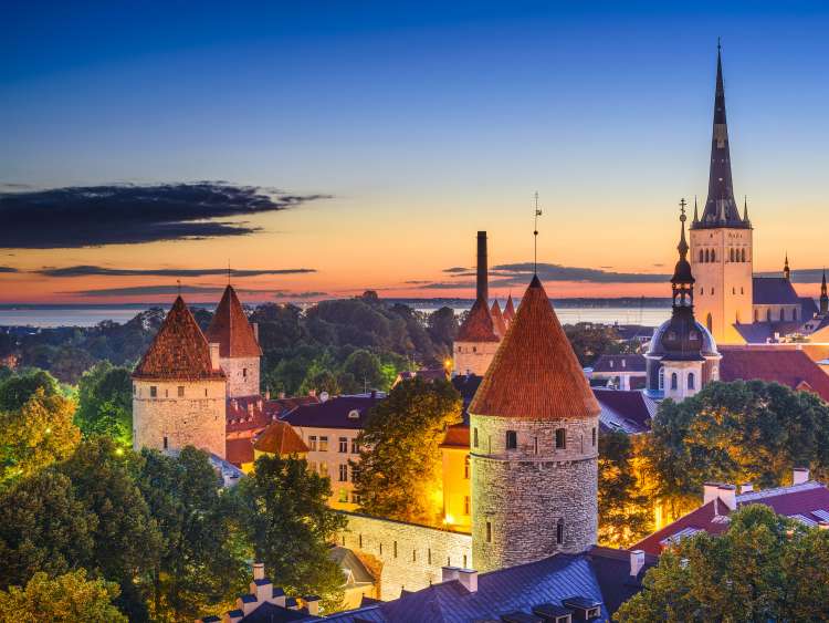 Tallinn skyline including Viru Gate and St Olaf's Church
