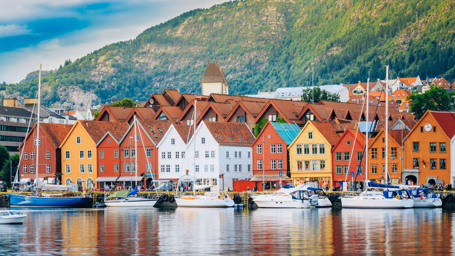Bryggen, a row of Hanseatic heritage commercial buildings on the Vagen harbour in Bergen, Norway