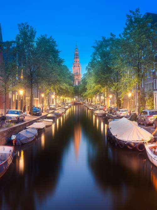 Groenburgwal Canal and Zuiderkerk Church clock tower, Amsterdam