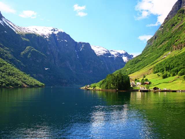 Snow topped mountains in the Norwegian Fjords