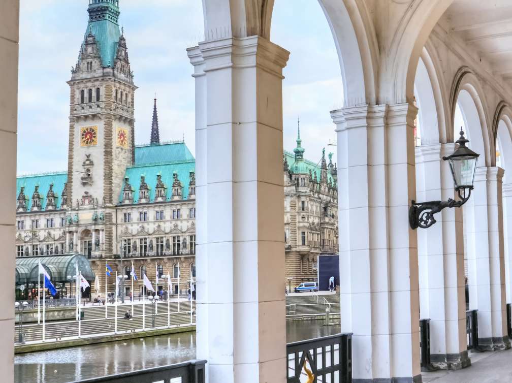 View of Hamburg City Hall from Alster Arcades