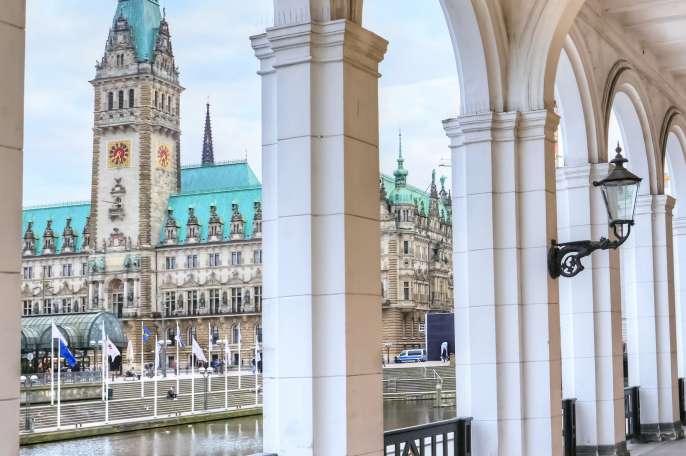 View of Hamburg City Hall from Alster Arcades