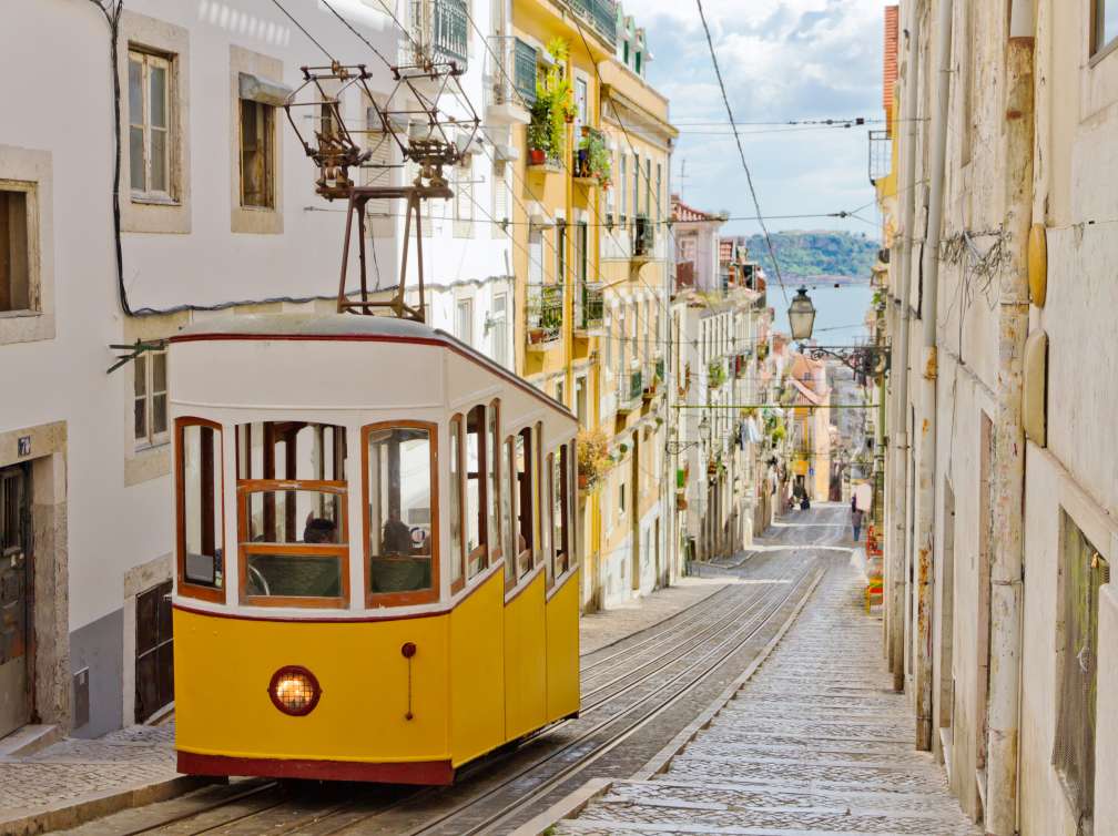 Lisbon's Gloria funicular classified as a national monument opened 1885 located on the west side of the Avenida da Liberdade connects  downtown with Bairro Alto.; Shutterstock ID 86309014; Client: P&O Cruises; Job: Winter itineraries toolkit; Licensee: Isabella
