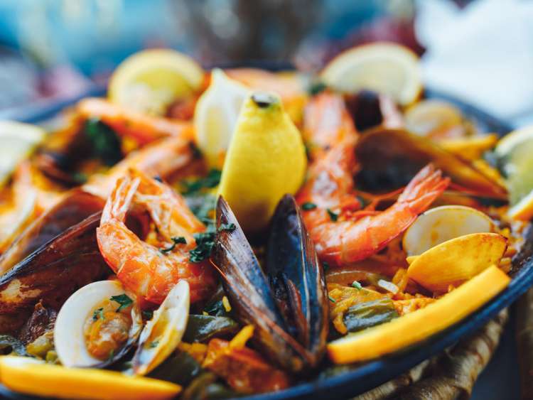 spanish seafood paella, closeup view