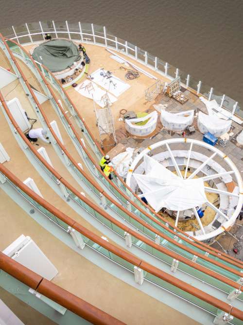 View of the stern on board P&O Cruises newest ship, Arvia, while still under construction at the Meyer Werft shipyard in Papenburg, Germany.
Client: P&O Cruises.
Picture date: Wednesday October 5, 2022.
Photograph by Christopher Ison ©
07544044177
chris@christopherison.com
www.christopherison.com
IMPORTANT NOTE REGARDING IMAGE LICENCING FOR THIS PHOTOGRAPH: This image is supplied to the client under the terms previously agreed. No sales are permitted unless expressly agreed in writing by the photographer. Sharing with third parties is prohibited without the written permission of the photographer.