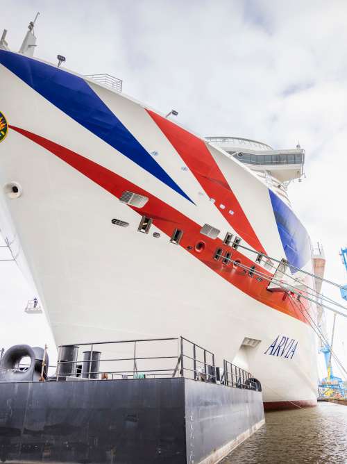 P&O Cruises newest ship, Arvia, at the Meyer Werft shipyard in Papenburg, Germany. 
Client: P&O Cruises.
Picture date: Wednesday October 5, 2022.
Photograph by Christopher Ison ©
07544044177
chris@christopherison.com
www.christopherison.com
IMPORTANT NOTE REGARDING IMAGE LICENCING FOR THIS PHOTOGRAPH: This image is supplied to the client under the terms previously agreed. No sales are permitted unless expressly agreed in writing by the photographer. Sharing with third parties is prohibited without the written permission of the photographer.