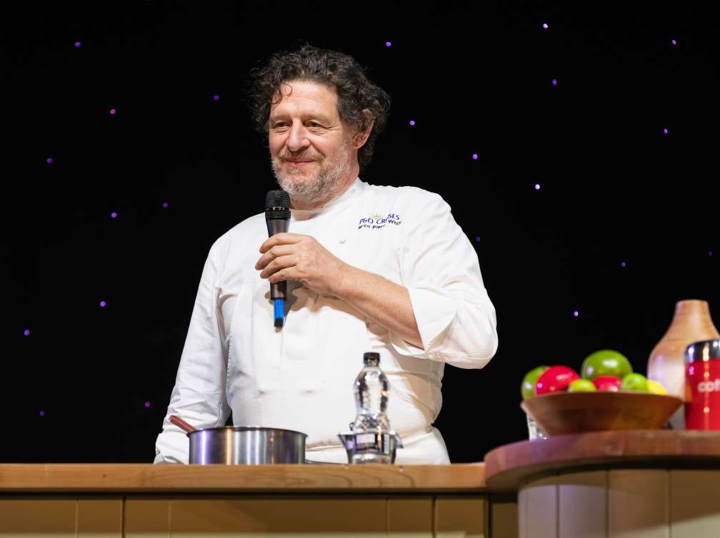 Press trip images, on board Britannia, cruise B913.
Dates  May 18 to May 20, 2019 
Marco Pierre White cookery demonstration in the Headliners Theatre.
Picture date: Sunday May 19, 2019.
Photograph by Christopher Ison ©
07544044177
chris@christopherison.com
www.christopherison.com