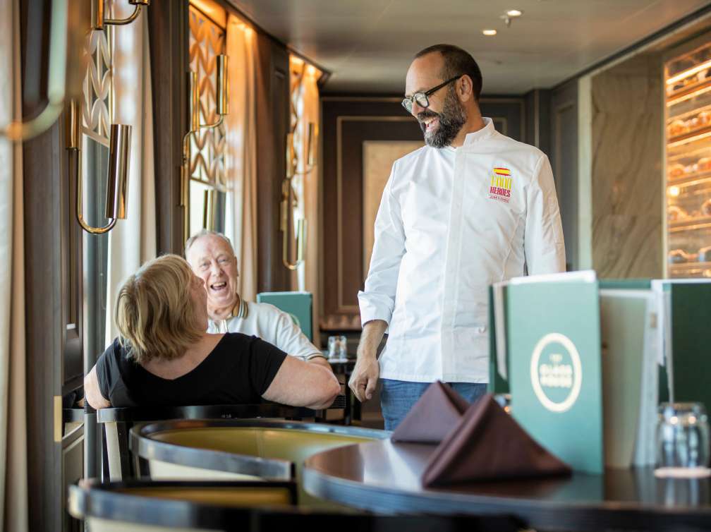 Jose Pizarro chatting with passengers in the Glass House on board Britannia at sea between Arrecife and Cadiz, Spain during press trip B417N.
Client: P&O Cruises.
Picture date: Sunday July 14, 2024.
Photograph by Christopher Ison ©
07544044177
chris@christopherison.com
www.christopherison.com
IMPORTANT NOTE REGARDING IMAGE LICENCING FOR THIS PHOTOGRAPH: This image is supplied to the client under the terms previously agree. No sales are permitted unless expressly agreed in writing by the photographer. Image licence is for below the line only. No out of home use without acquiring an extended image licence.