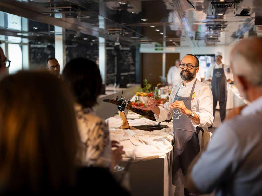 Hosted dinner with Jose Pizarro in the Cookery Club on board Britannia at sea between Arrecife and Cadiz, Spain during press trip B417N.
Client: P&O Cruises.
Picture date: Saturday July 13, 2024.
Photograph by Christopher Ison ©
07544044177
chris@christopherison.com
www.christopherison.com
IMPORTANT NOTE REGARDING IMAGE LICENCING FOR THIS PHOTOGRAPH: This image is supplied to the client under the terms previously agree. No sales are permitted unless expressly agreed in writing by the photographer. Image licence is for below the line only. No out of home use without acquiring an extended image licence.
