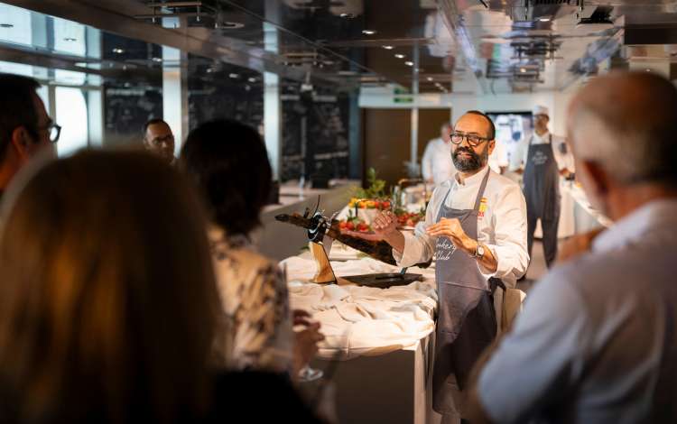 Hosted dinner with Jose Pizarro in the Cookery Club on board Britannia at sea between Arrecife and Cadiz, Spain during press trip B417N.
Client: P&O Cruises.
Picture date: Saturday July 13, 2024.
Photograph by Christopher Ison ©
07544044177
chris@christopherison.com
www.christopherison.com

IMPORTANT NOTE REGARDING IMAGE LICENCING FOR THIS PHOTOGRAPH: This image is supplied to the client under the terms previously agree. No sales are permitted unless expressly agreed in writing by the photographer. Image licence is for below the line only. No out of home use without acquiring an extended image licence.