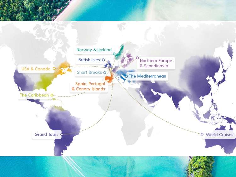 Map of destinations where P&O Cruises sail to