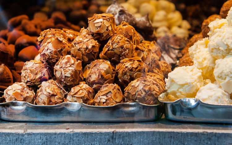 Belgian chocolate balls on display