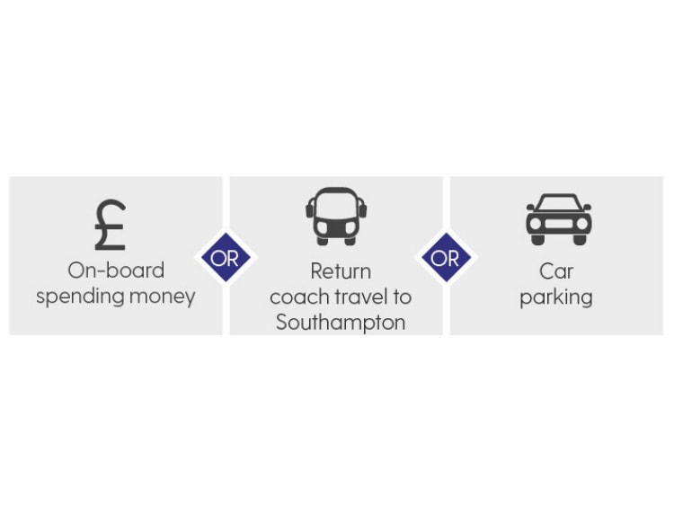 On-board spending money or return coach travel to Southampton or car parking 