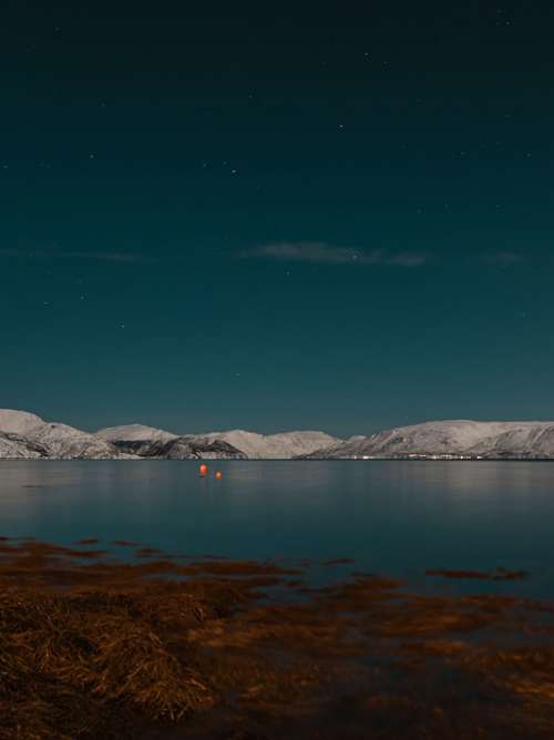 A scenery of Northern lights over the ocean in Alta