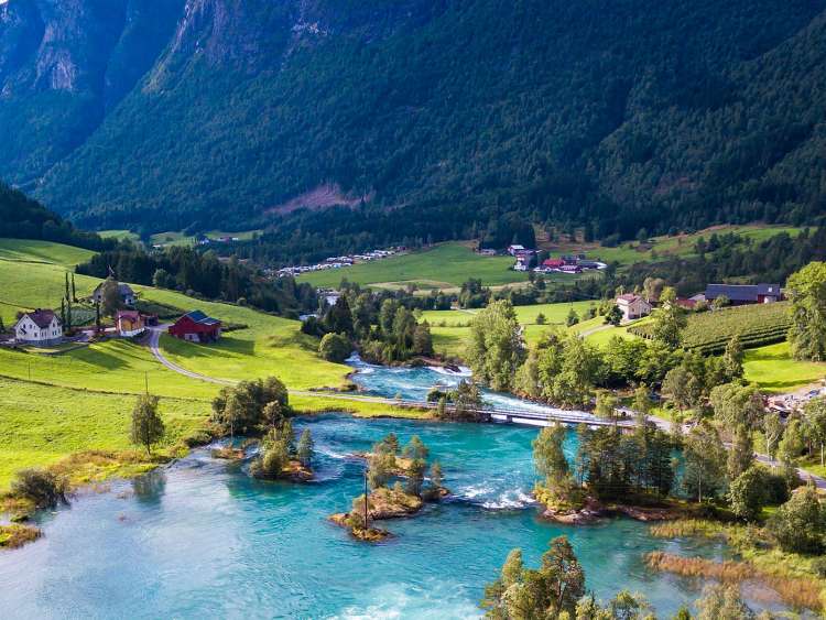 The Oldeelva river and the village of Olden in Norway