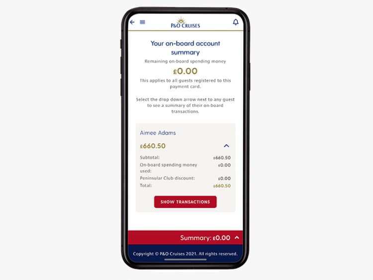 Example of a phone showing the on board account summary