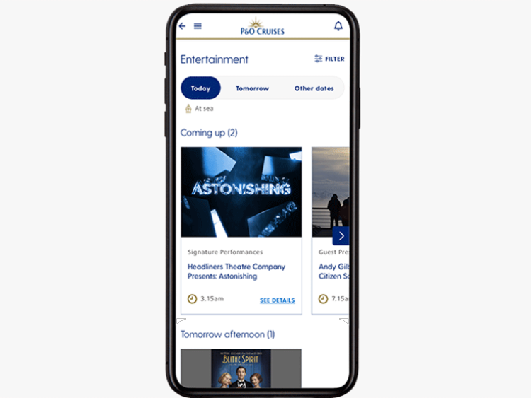 Events coming up shown on mobile device by accessing my P&O Cruises