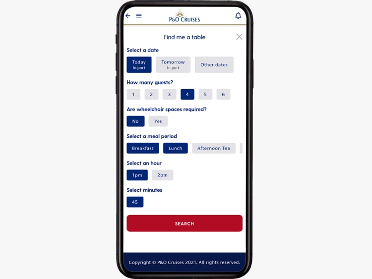 Example of booking process to find a table on my holiday on mobile