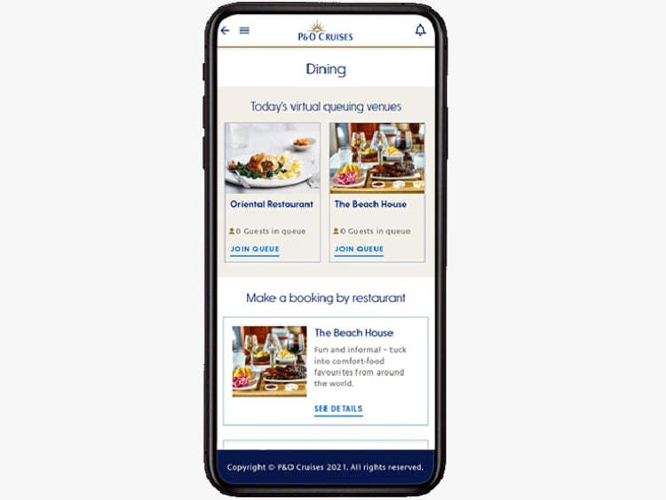example of dining page shown on My Cruise