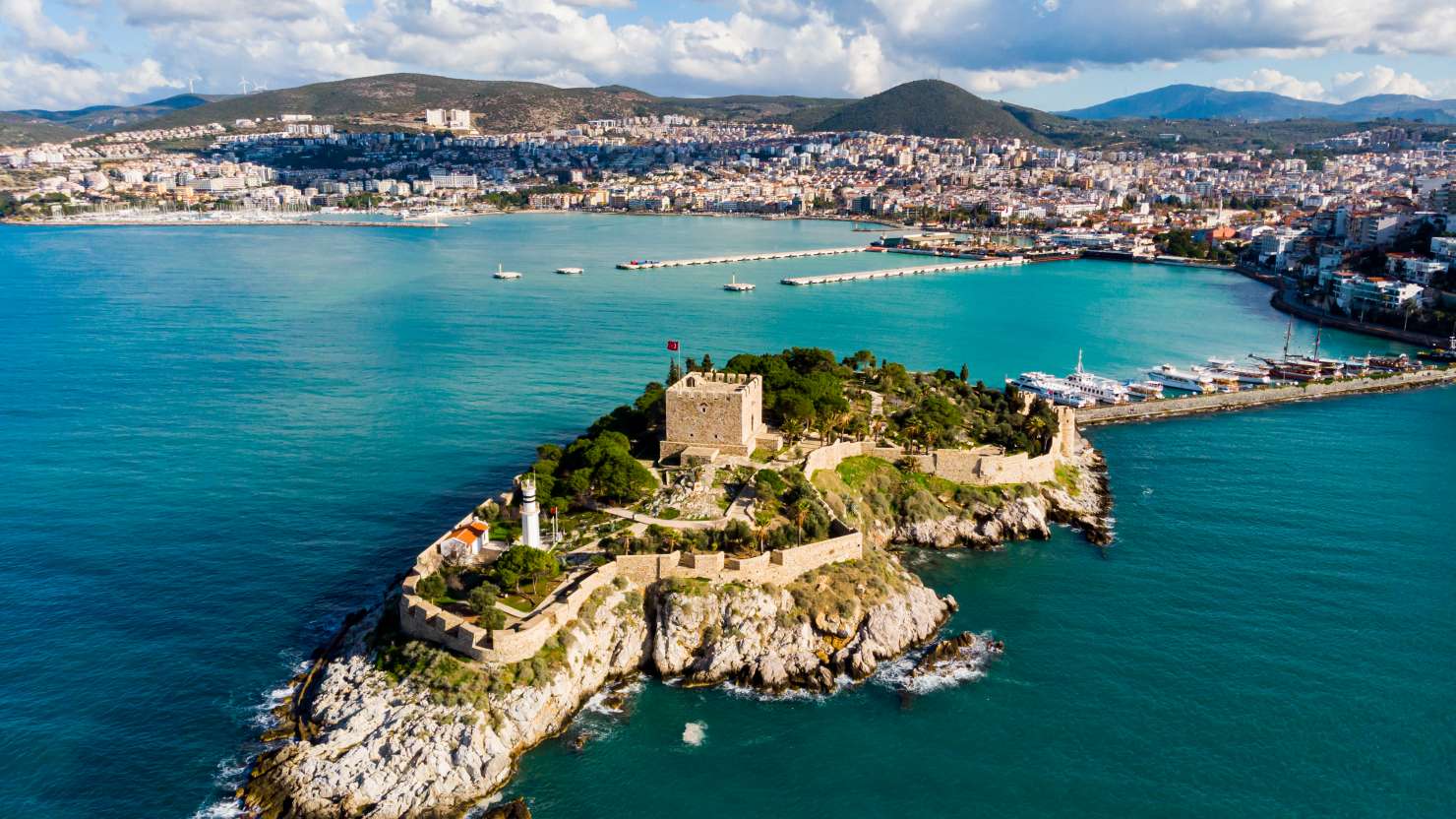Pigeon Island with a "Pirate castle". Kusadasi harbor; Aegean coast of Turkey.