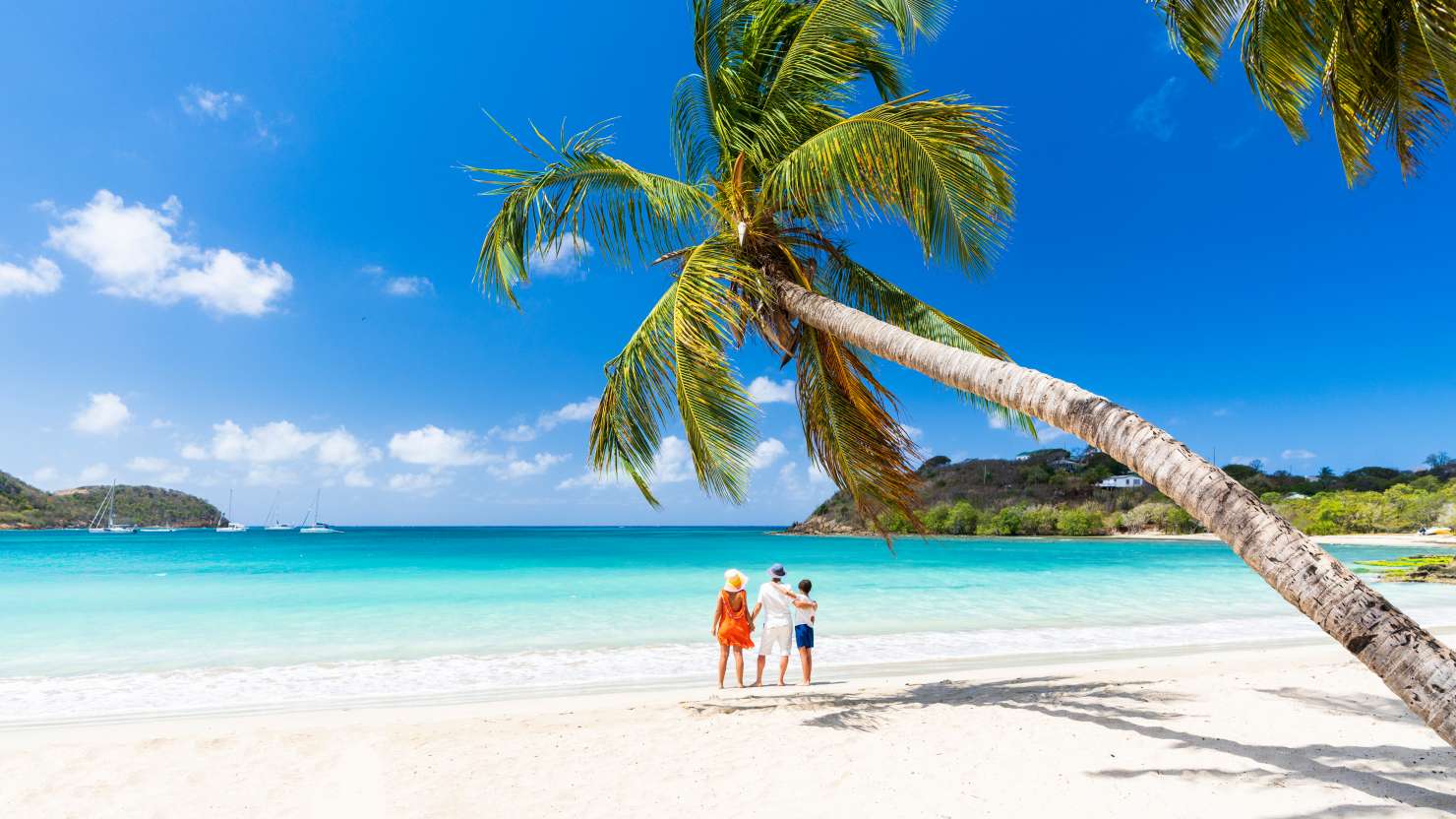 Two parents with one child hugging on palm fringed beach in summer, Barbados, Caribbean