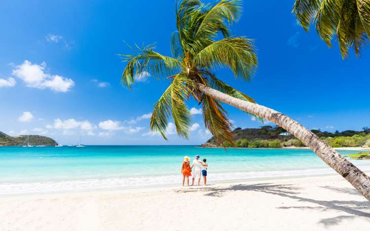 Two parents with one child hugging on palm fringed beach in summer, Barbados, Caribbean