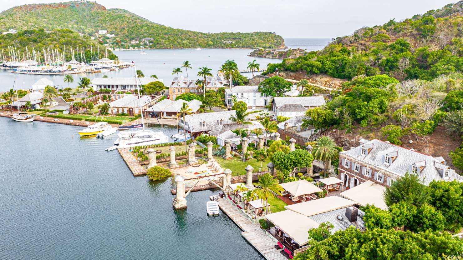 Aerial view of the old buildings and museum at Nelson's Dockyard, English Harbour, Antigua, Caribbean, West Indies, Central America