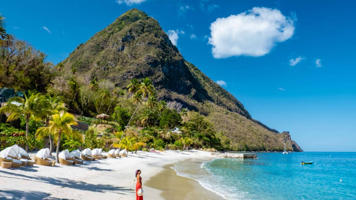 St Lucia Caribbean, woman on vacation at the tropical Island of Saint Lucia Caribbean ocean