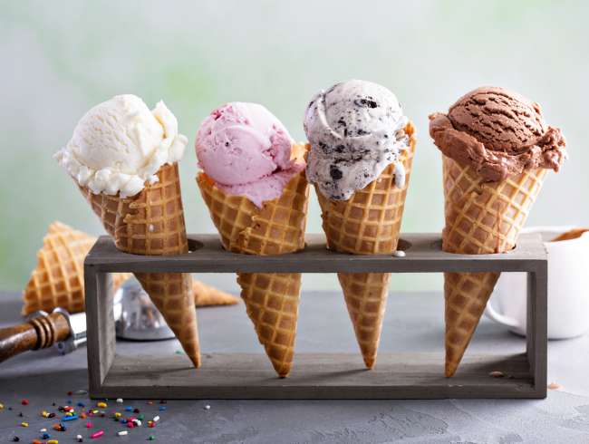 Scooped ice creams in cones