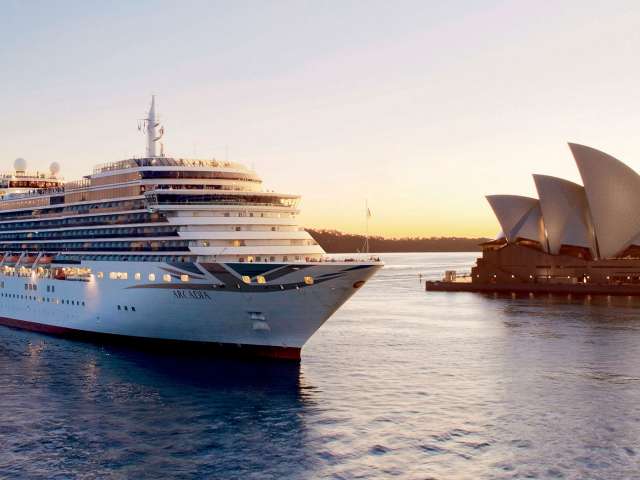 P&O Cruises Arcadia from starboard bow during the evening