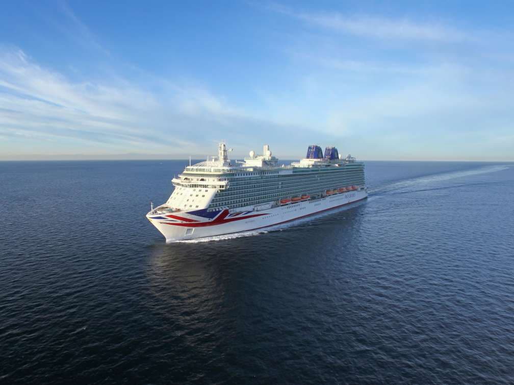 P&O Cruises Britannia cruise ship from port bow wide angle at sea