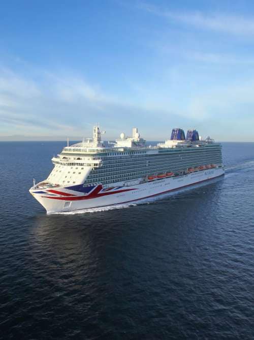P&O Cruises Britannia cruise ship from port bow wide angle at sea