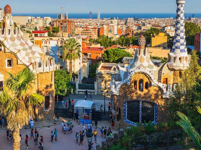 Spain, Catalonia, Barcelona, Parc Guell, Barcelona district, Park Guell, one of the major works of Gaudí in Barcelona. Gate house