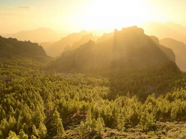 Sunset at Roque Nublo volcanic mountain range. Travel in Gran Canaria / Grand Canary island, Atlantic ocean, Spain