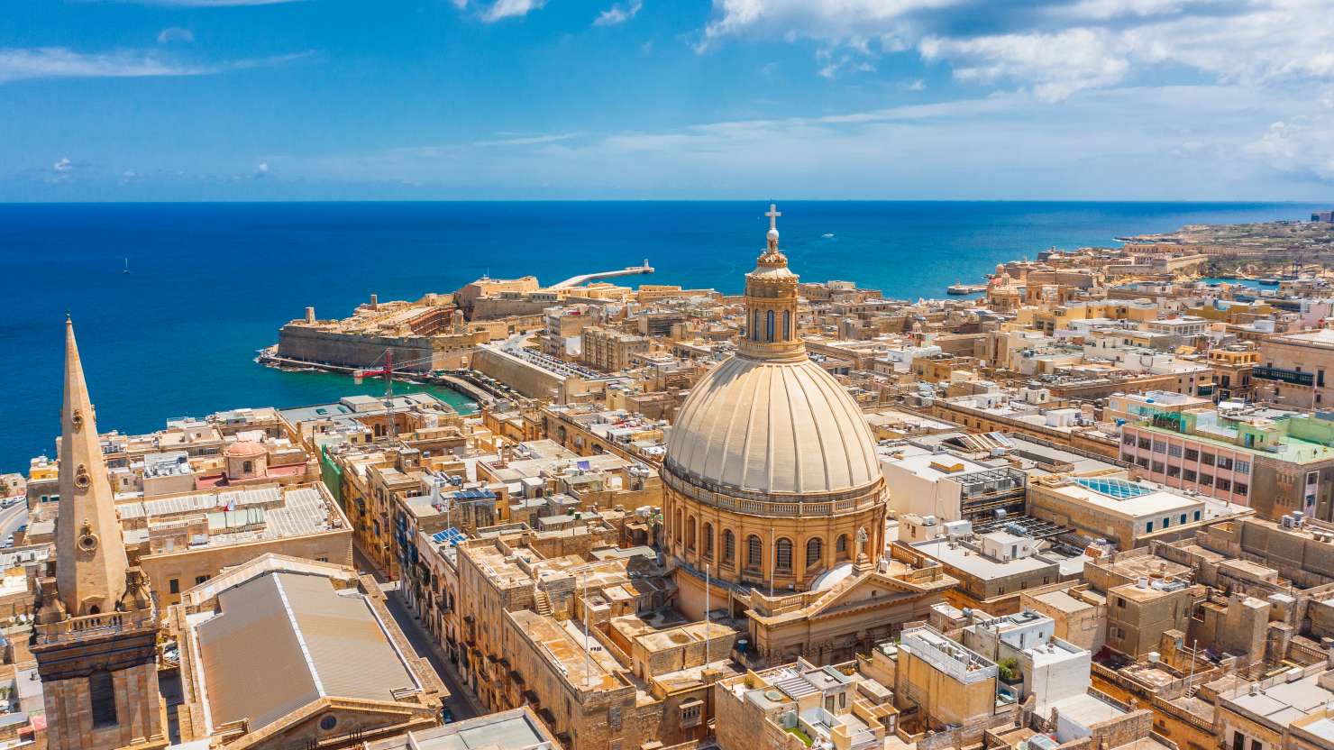 Aerial view of Lady of Mount Carmel church, St.Paul's Cathedral in Valletta city, Malta