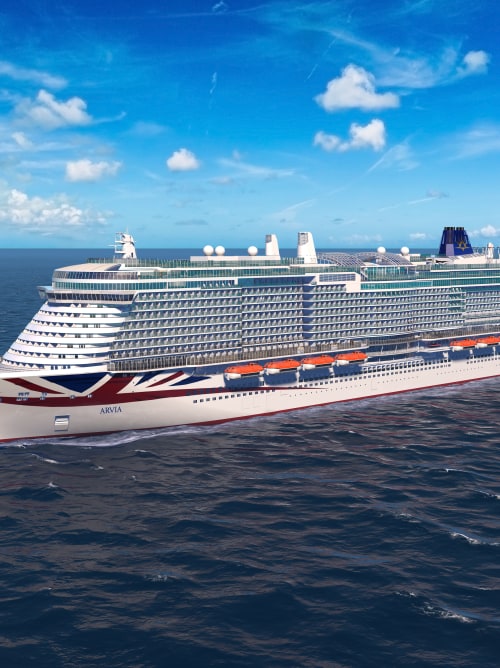 Arvia P&O Cruises ship from port bow with blue sky