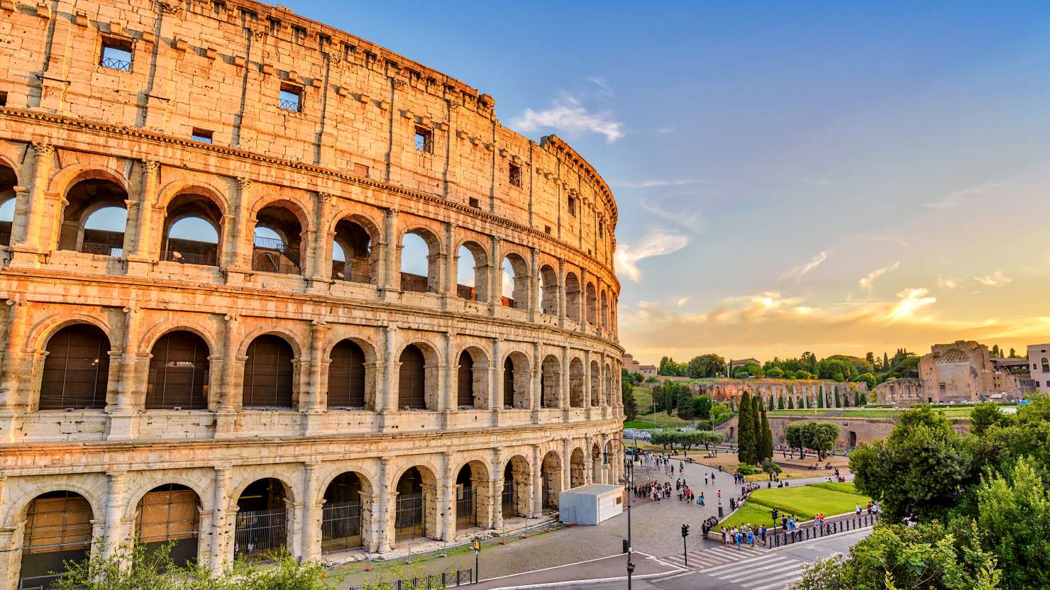 Rome sunset city skyline at Rome Colosseum (Roma Coliseum), Rome, Italy