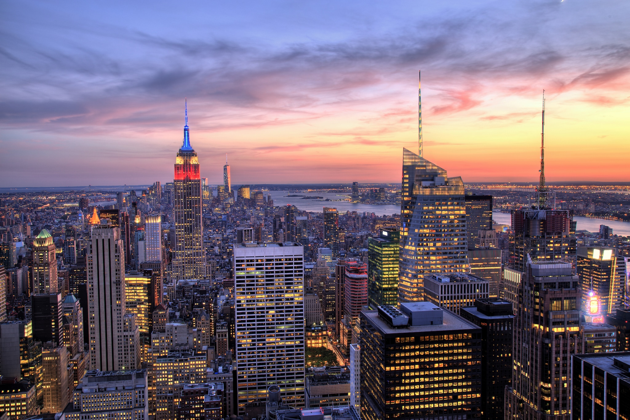 New York City light up during sunset