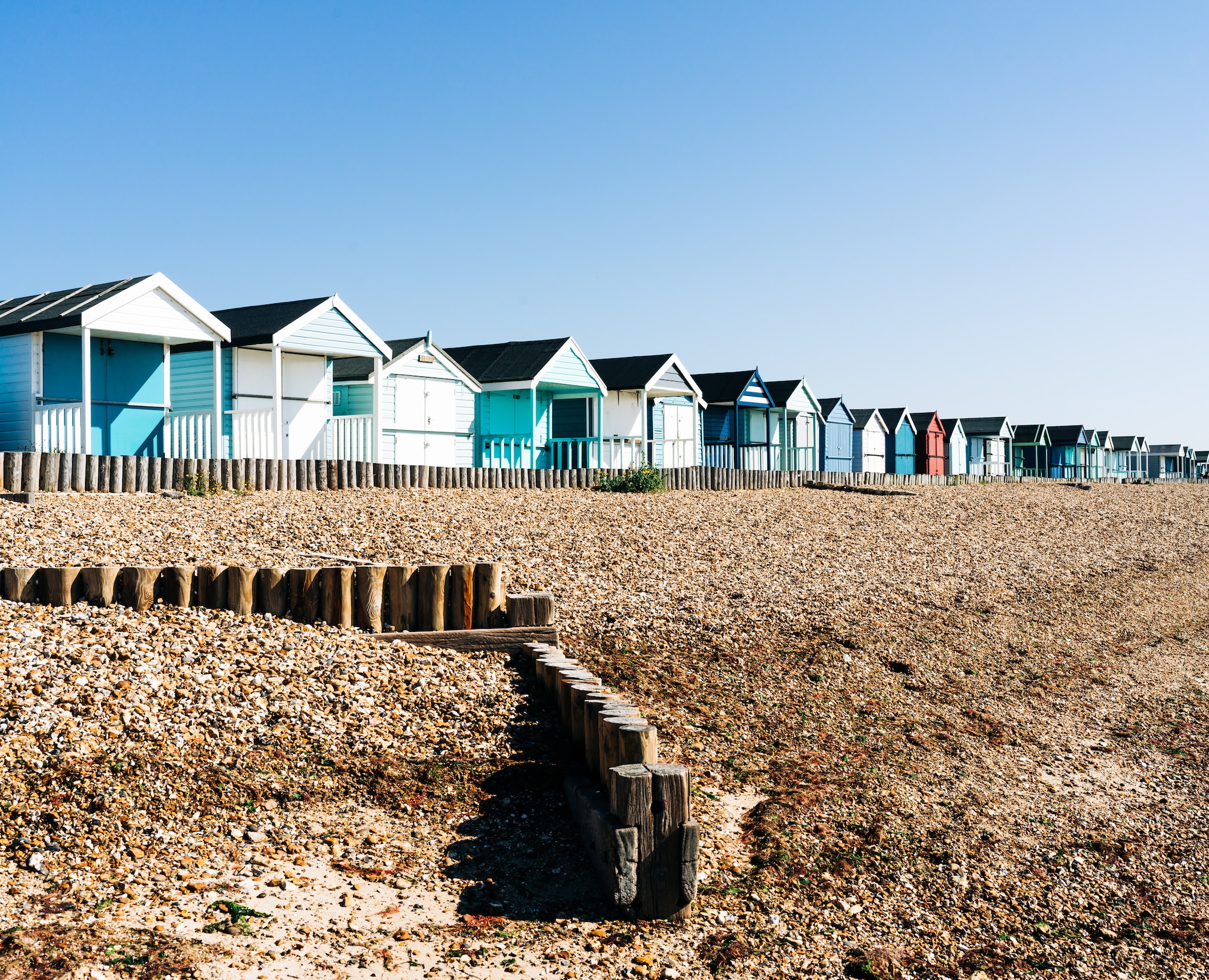 Calshot beach huts by the sea, UK