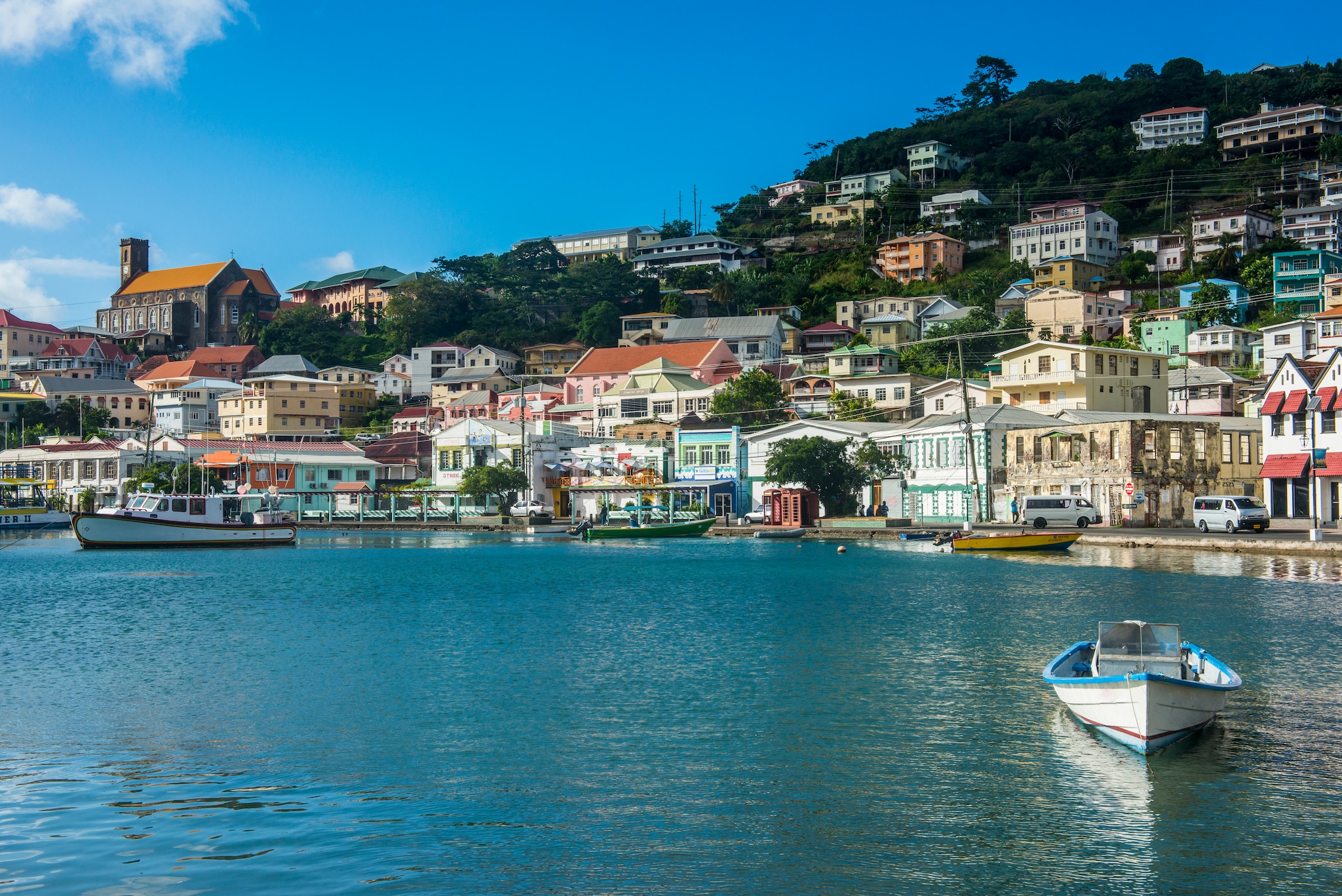 Cathedral of the Immaculate Conception (on the left), from the water, St George's Grenada